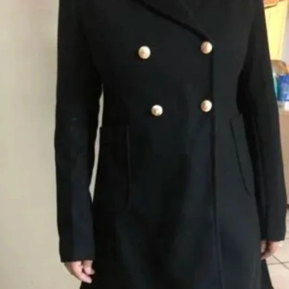 Black Double Breasted Lapel Collar Button Up pocketed Overcoat - Picture 6 of 9